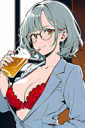 Best picture quality, high resolution, 8k, sharp focus, image of elegant lady, supermodel, an adult woman, of serious appearance, but blushing, she is drinking beer and smiling, she is wearing glasses, a wrinkled gray business suit and showing her cleavage, she is wearing a black and red lace bra