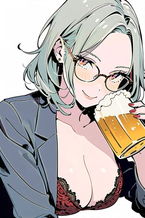 Best picture quality, high resolution, 8k, sharp focus, image of elegant lady, supermodel, an adult woman, of serious appearance, but blushing, she is drinking beer and smiling, she is wearing glasses, a wrinkled gray business suit and showing her cleavage, she is wearing a black and red lace bra