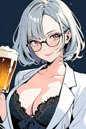 Best picture quality, high resolution, 8k, sharp focus, image of elegant lady, supermodel, an adult woman, of serious appearance, but blushing, she is drinking beer and smiling, she is wearing glasses, a wrinkled gray business suit and showing her cleavage, she is wearing a black and red lace bra