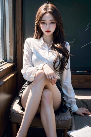 Best picture quality, high resolution, 8k, realistic, sharp focus, realistic image of elegant lady, Korean beauty, supermodel, a serious teacher with a mini skirt, glasses and her legs crossed in a dominant way,  