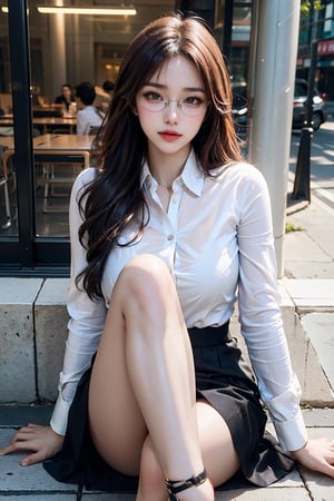 Best picture quality, high resolution, 8k, realistic, sharp focus, realistic image of elegant lady, Korean beauty, supermodel, a serious teacher with a mini skirt, glasses and her legs crossed in a dominant way,  