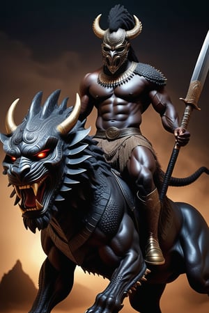 full body scale muscular male sinister looking african warrior mask on face  riding a big muscular black dragon,,black skin.detailed huge sword in hand,sinister looking african warrior mask on face, riding in africa at night, huge lions attack horse,4k resolution