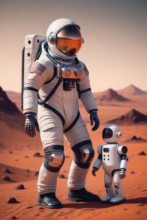 super realistic detailed astronaut in a retro spacesuit and his android robot friend on and extremly detalied mars surface at night,detailed stars