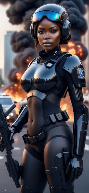 pretty female police android,black skin,robotic black police suit, holding a rifle while,city riots,cars burning,explosions,4k resolution,show black female face,cyborg style