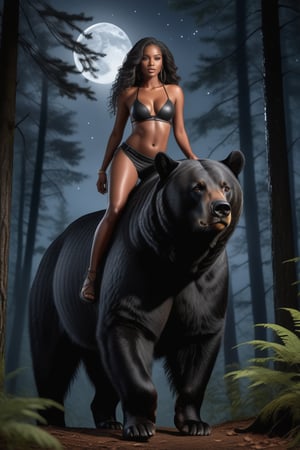  ultra realistic full body scale detailed very pretty black female with scratches on her body riding a big black bear in the forest at night,Extremely Realistic