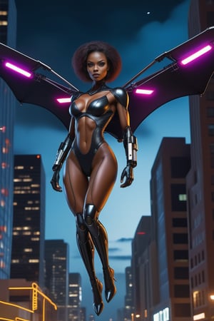 three female mutants with a sexy body and huge detailed robotic wings on her back hovering  hight above buildings at night,beutiful glowing black skin,serious look on model pretty face.full body scale,very realistic hang glider leg positoning while in flight,titanium spear weapon in hand