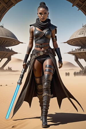 female assassin,extremely pretty black skin detailed mad max style outfit,double sided light saber inside a huge alien mothership,full body scale,legs and feet with boots,detailed eyes,pretty hazel eyeballs,tribal tattoos on face,duoble sided light saber