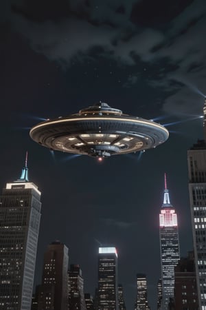 ultra realistic ufo in new york city at night,8k resolution,dim lights,extraordinary detail,Extremely Realistic