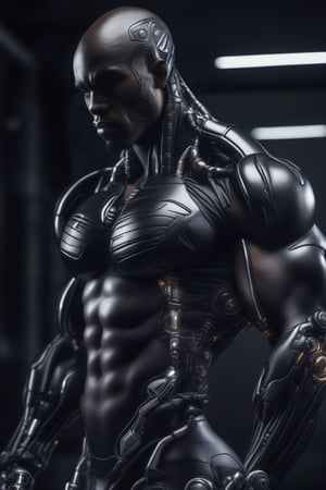 superhero cyborborg hybrid male,black skin,extremely muscular,unique bulletproof black outfit,cyborg style