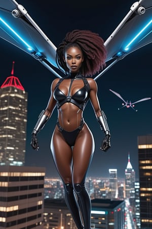 three female mutants with a sexy body and huge detailed robotic wings on her back hovering  high like a hang glider above buildings at night,beutiful glowing black skin,cute look on model pretty face.full body scale,very realistic hang glider leg positoning while in flight,titanium spear weapon in hand,dred loc hair