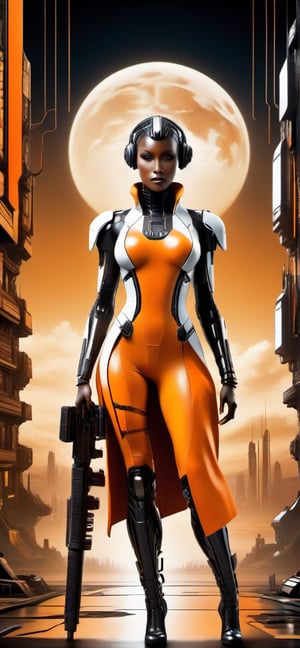 female,black skin,robotic white and orange outfit,detailed model pretty face,full body scale,legs and feet,holding big gun,blade runner landscape background,high quality,sexy stance,Kenya facial features