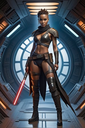 female assassin,extremely pretty black skin detailed mad max style outfit,double sided light saber inside a huge alien mothership,full body scale,legs and feet with boots,detailed eyes,pretty hazel eyeballs,tribal tattoos on face,duoble sided light saber