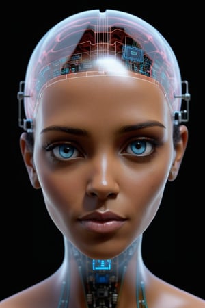 ultra realistic female head with a transparent 
 face and a dteailed quantum computer brain,extremly pretty quartz face and detailed eyes,eritrean facial features,