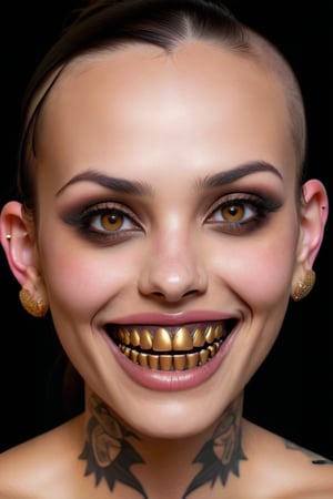 ultra realistic pretty female with 14 karat gold teeth,tattoos on face