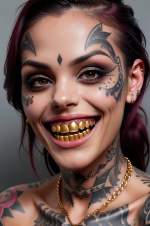 ultra realistic pretty female with 14 karat gold teeth,tattoos on face