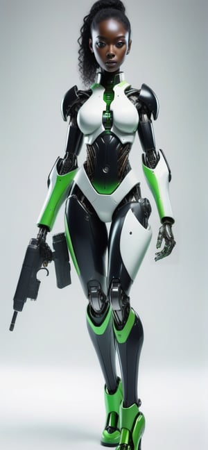 black female,black skin,robotic green and white suit,hight tech gun made of titanium