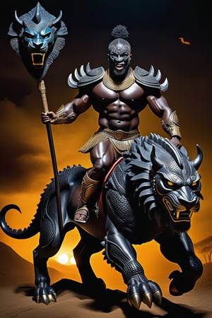 full body scale muscular male sinister looking african warrior mask on face  riding a big muscular black dragon,black skin.detailed huge sword in hand,sinister looking african warrior mask on face, riding in africa at night, huge lions attack horse,