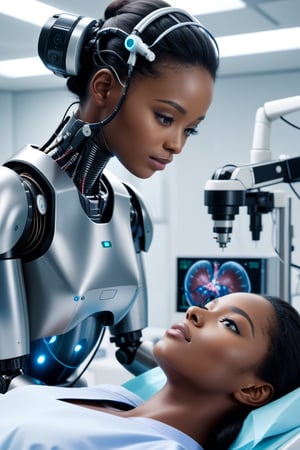 in a laboratory setting a woman lying on a surgery bed receives a surgical prcedure on her brain from an Ai female robot,black skin,realistic,highly detailed,high definition,4k resolution,Ai robot touching womans head with her robotic hand