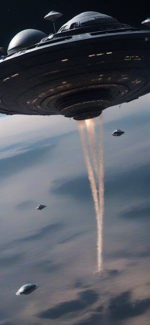 ultra realistic massive UFO fleet entering realistic earth from outer space, hubble telescope resolution,Extremely Realistic,high resolution,cyborg style,dark,stars,very high quality