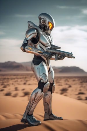 cyborg alien in a futuristic spacesuit in the desert with a gun