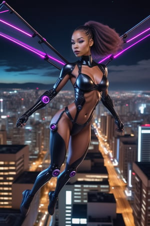 female mutant with a sexy body and huge detailed robotic wings on her back hovering high in the sky like a hang glider above buildings at night,beutiful glowing black light skin,cute look on model pretty face.full body scale,very realistic hang glider leg positoning while in flight,titanium spear weapon in hand,dred loc hair,shooting lasers out of a gun,cyborg style,night optic eyes,nuclear warhead attached to wings,flying high above buildings