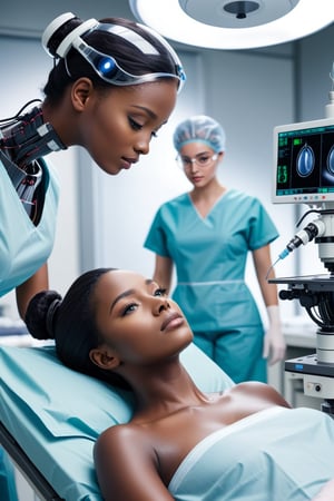 in a laboratory setting a woman lying on a surgery bed receives a surgical prcedure on her brain from an Ai female robot with black skin,realistic,highly detailed