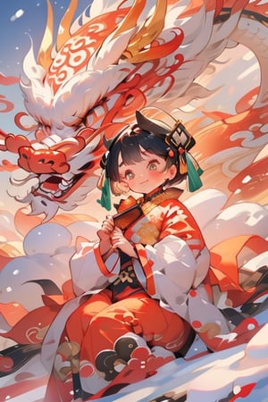 A short-haired girl in a Chinese New Year costume and a cute Chinese dragon. Chinese New Year elements. Snowy day.