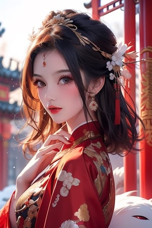 A short-haired girl in a Chinese New Year costume and a cute Chinese dragon. Chinese New Year elements. Snowy day. delicated face,Chinese style,midjourney portrait,Chinese weddingdress