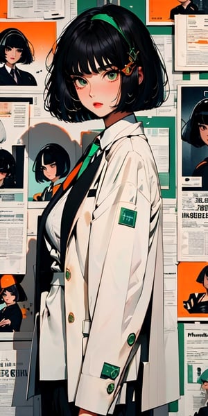 Masterpiece, ultra detailed, hyper high quality, quality beyond the limits of AI, the ultimate in wisdom, top of the line quality, 8K, 

1girl,

((black hair)), ((short hair)), ((bob cut)), (emerald eyes),white hairband, white shirt, orange tie, black blazer, big breast, milf, mature face

furina ,newspaper wall