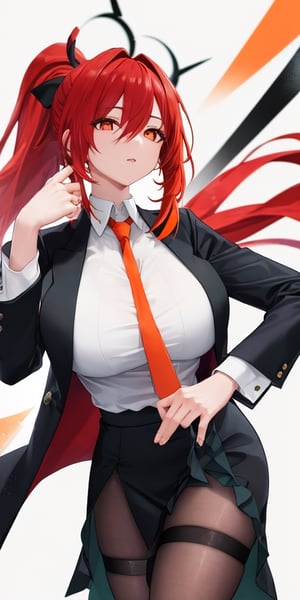 Masterpiece, ultra detailed, hyper high quality, quality beyond the limits of AI, the ultimate in wisdom, top of the line quality, 8k,

1girl,looking at viewer,simple background,white background,standing,full body,(clean background),

((white shirt,orange tie)), 
((long black jacket)), 
(black skirt),pleated_skirt,(black_pantyhose), high_heels,  (huge breasts),milf,mature,

((red hair)), ((ponytail)), long curly hair, bangs cover right eye, orange eyes, blue hair bow,white skin,

Kafka(hsr),hasumi ba,yamada ryo,hoolheyak(arknights),shenhe(genshin impact),masterpiece