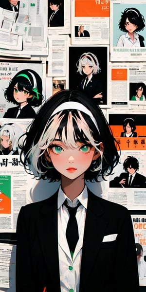 1girl,

((black hair)), ((short hair)), (emerald eyes),((white hairband)), ((white shirt)), orange tie, ((black blazer)), big breast, milf, mature face

,newspaper wall