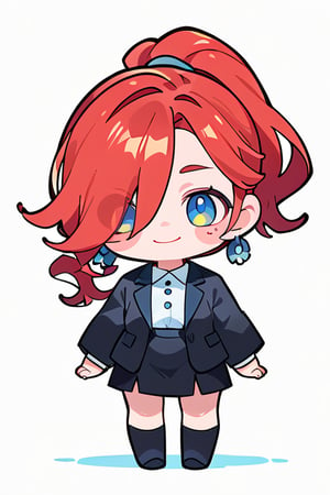 score_9,score_8_up,score_7_up, 
chibi, chibi style,

1girl,looking at viewer,blush,smile,simple background,white background,standing,full body,(hand down),shiny hair,blush stickers,no pupils,sturdy body,

(red hair), ponytail, hair over one eye, ((long straight hair)), blue earrings, ((white shirt)), ((black suit)), black skirt, blue eyes,