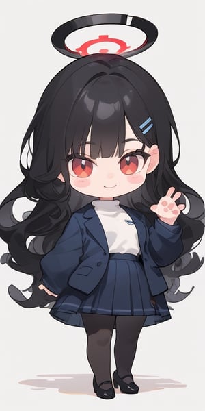 score_9,score_8_up,score_7_up, 
(chibi:1.5), chibi style, 

1girl,looking at viewer,blush,smile,simple background,white background,standing,full body,(hand down),shiny hair,blush stickers,no pupils,sturdy body,

rio \(blue archive\),halo, black hair, longhair, red eyes, straight hair,
formal suit, black_skirt, 
long_sleeves, pleated_skirt,
white_hairclip, turtleneck_sweater,black_pantyhose, high_heels