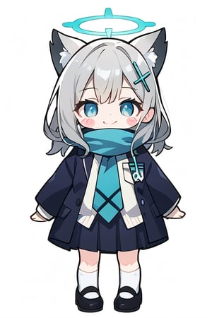 score_9,score_8_up,score_7_up, 
chibi, chibi style, 

1girl,looking at viewer,blush,smile,simple background,white background,standing,full body,(hand down),shiny hair,blush stickers,no pupils,sturdy body,

shiroko_\(blue_archive\).blue_scarf, v, animal_ear_fluff,white_shirt, long_sleeves, school_uniform, blazer, open_jacket, black_jacket,halo


