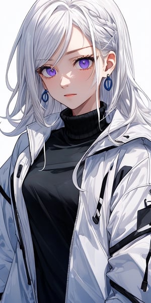 Masterpiece, ultra detailed, hyper high quality, quality beyond the limits of AI, the ultimate in wisdom, top of the line quality, 8K, 

1girl

(white hair), side_braid long wavy hair, blue earrings,  ((black shirt turtle neck)), ((long white jacket)), violet eyes

kugisaki nobara