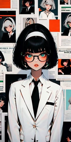 newspaper wall, glasses, parted lips, looking over eyewear, solo, upper body, 1girl, necklace, earrings,  looking at viewer, red-tinted eyewear,

((black hair)), ((short hair)), ((bob cut)), (emerald eyes),((white hairband)), ((white shirt)), orange tie, ((black blazer)), big breast, milf, mature face

,newspaper wall