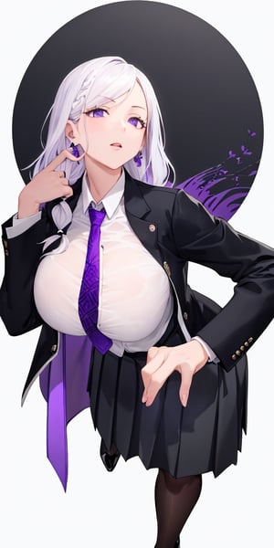 Masterpiece, ultra detailed, hyper high quality, quality beyond the limits of AI, the ultimate in wisdom, top of the line quality, 8k,

1girl,looking at viewer,simple background,white background,standing,full body,(clean background),

((white shirt,violet tie)), 
((long black jacket)), 
(black skirt),pleated_skirt,(black_pantyhose), high_heels,  (huge breasts),milf,mature,

(white hair), side_braid (long wavy hair), blue earrings, violet eyes,

kugisaki nobara, ,masterpiece