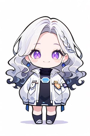 score_9,score_8_up,score_7_up, 
chibi, chibi style,

1girl,looking at viewer,blush,smile,simple background,white background,standing,full body,(hand down),shiny hair,blush stickers,no pupils,sturdy body,

(white hair), side_braid ((long wavy hair)), blue earrings, 
((black shirt turtle neck)), ((long white jacket)), 
violet eyes,