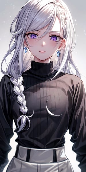 Masterpiece, ultra detailed, hyper high quality, quality beyond the limits of AI, the ultimate in wisdom, top of the line quality, 8K, 

1girl

(white hair), side_braid long wavy hair, blue earrings,  ((black shirt turtle neck)), ((long white jacket)), violet eyes

kugisaki nobara,masterpiece