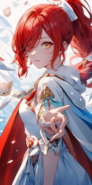 Masterpiece, ultra detailed, hyper high quality, quality beyond the limits of AI, the ultimate in wisdom, top of the line quality, 8K, 

1girl, 

((red hair)), ((ponytail)), long curly hair, bangs cover right eye, orange eyes, blue hair bow, ((wearing a royal dress)), ((red cape)), ((white clothes)),

shenhe(genshin impact),shenhe(genshin impact)