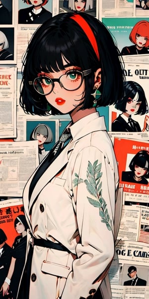 newspaper wall, glasses, parted lips, looking over eyewear, solo, upper body, 1girl, necklace, earrings,  looking at viewer, red-tinted eyewear,  red lips

1girl,

((black hair)), ((short hair)), ((bob cut)), (emerald eyes),white hairband, white shirt, orange tie, black blazer, big breast, milf, mature face

furina ,newspaper wall