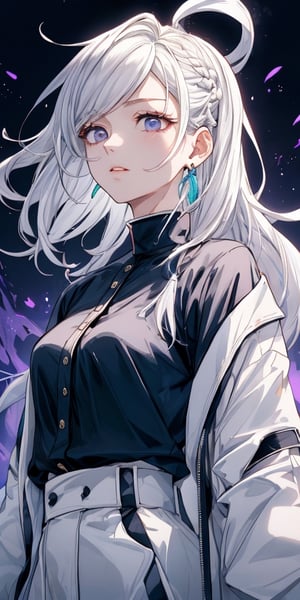 Masterpiece, ultra detailed, hyper high quality, quality beyond the limits of AI, the ultimate in wisdom, top of the line quality, 8K, 

1girl

(white hair), side_braid long wavy hair, blue earrings,  black shirt turtle neck, long white jacket, violet eyes

ichika ba,Chae Yoon,kugisaki nobara