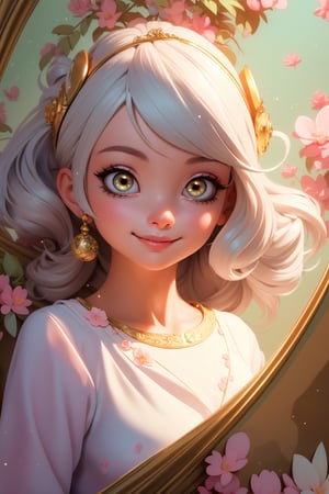 Closed lips, cute smile, (masterpiece:1.3), (best quality:1.3), asian girl, (kawaii background:1.3),(extremely detailed fine touch:1.3),(hard light, studio light, light rays, dappled light, reflection, shadows, ray tracing:1),gold_eyes, glow_eyes, white_hair

