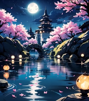 hot spring, mist, rocks, cherry blossoms, glittery mist, moonlight, sky, lots of stars in the sky, water reflections of the night sky, floating lanterns a above the water, flower petals in the water, moon in the sky, Anime art style
