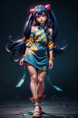 Masterpiece, Best quality, High resolutions, long navy blue hair, with straight bangs and a colorful ribbon on the head. Her eyes are also blue and she wears silver cross-shaped earrings., Aawendy, long hair, twintails, hair ornament, bare shoulders, light green dress with yellow stripes., aawendy, hair ornament,aawendy