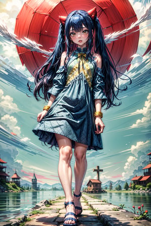 Masterpiece, Best quality, High resolutions, long navy blue hair, with straight bangs and a colorful ribbon on the head. Her eyes are also blue and she wears silver cross-shaped earrings., Aawendy, long hair, twintails, hair ornament, bare shoulders, light green dress with yellow stripes., aawendy, hair ornament, aawendy,aawendy