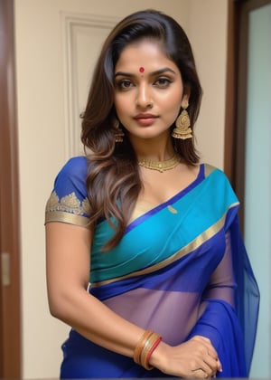 indian looking good women wearing a descend blue saree ,sexy look on the face and body,realistic,instagram.