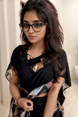 lovely cute young attractive indian matured girl in a black saree,  23 years old, cute, an Instagram model, long blonde_hair, colorful hair,Indian,
eye glasses,unclothed
