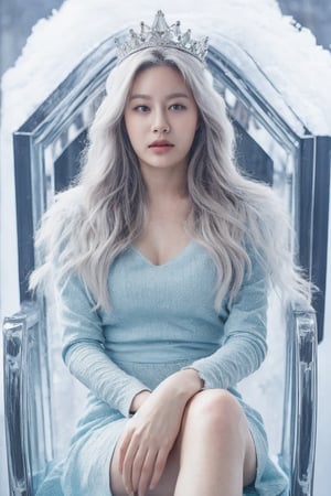 a hyper realistic image of Snow queen sitting in ice throne , uninsterested in the viewer, stunning beauty , light blue flowy dress, long snow white hairs, blue eyes, high detailed , sharp focus, deep image, colourful, cyber vibe.,1girl