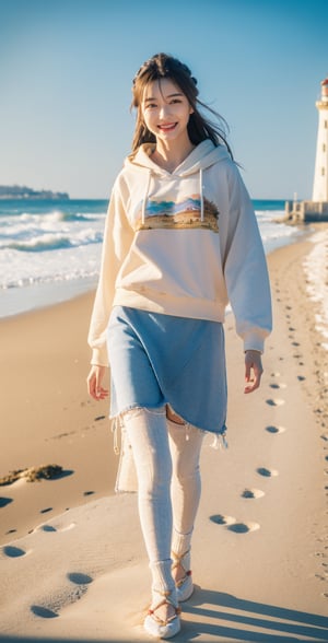Photography, (Highest Quality, Masterpiece: 1.2), 8K, HDR, Photorealism, (Film Framing: 1.3), (Vivid Colors: 1.2), Fine Detail & Textures, Masterpiece, Highest Quality, Super Detail, Charming Smile, Perfect Hands , detailed face, Korean woman, black hair, slippers, (winter beach sand), (walking), skirt, (collar flower point long-sleeved t-shirt), hoodie, lighthouse,